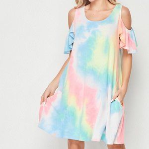 Tie Dye Cold Shoulder Knit Shift Dress
